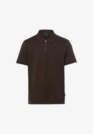 Donkerbruine polo met korte mouwen, gestructureerd patroon, halve rits aan de voorkant, klassieke kraag en geribbelde boorden en zoom.
