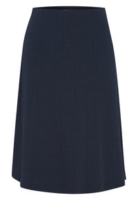 Tummansininen, polveen ulottuva hame, joka on valmistettu ribbitetystä kankaasta. Hameessa on sileä vyötäröosa ja hieman levenevä helma. Ei näkyviä kuvioita tai metalliosia.