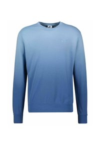 Světle modrý svetřt s kulatým výstřihem, hladký bavlněný materiál, dlouhé rukávy, obsahuje decentní logo na hrudi, ombré barevný přechod.