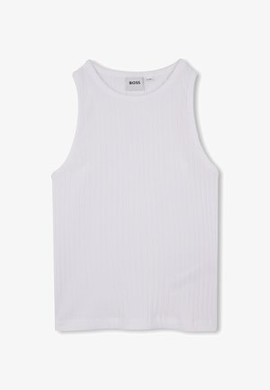 Wit mouwloos topje gemaakt van geribbelde stof. Heeft een ronde halslijn en een rechte zoom, met een klein logolabel aan de binnenkant.