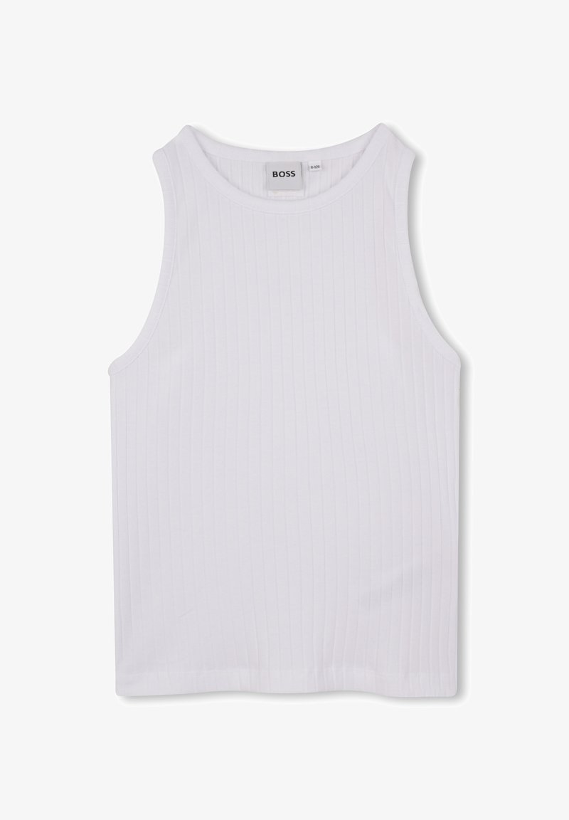 Haut blanc sans manches en tissu côtelé. Présente un col rond et un ourlet droit, avec une petite étiquette logo à l'intérieur.