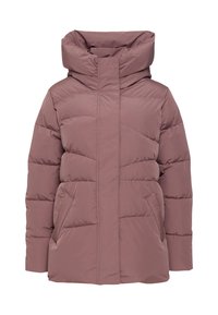 Padded jacket in muted mauve with a high collar, front zipper, and two side pockets. Smooth texture with horizontal stitching details.