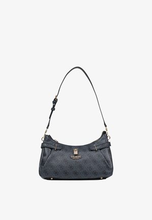 Borsa a mano blu scuro con finitura testurizzata, dotata di chiusura in tono oro, tracolla regolabile e dettaglio con logo. Elegante forma ad arco con doppi accenti ai lati.