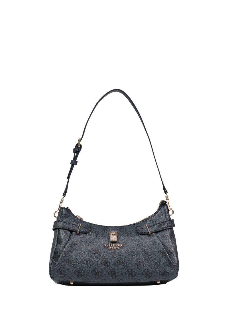 Bolso azul oscuro con acabado texturizado, con cierre dorado, correa ajustable y detalle de logotipo. Forma arqueada y elegante con acentos laterales dobles.