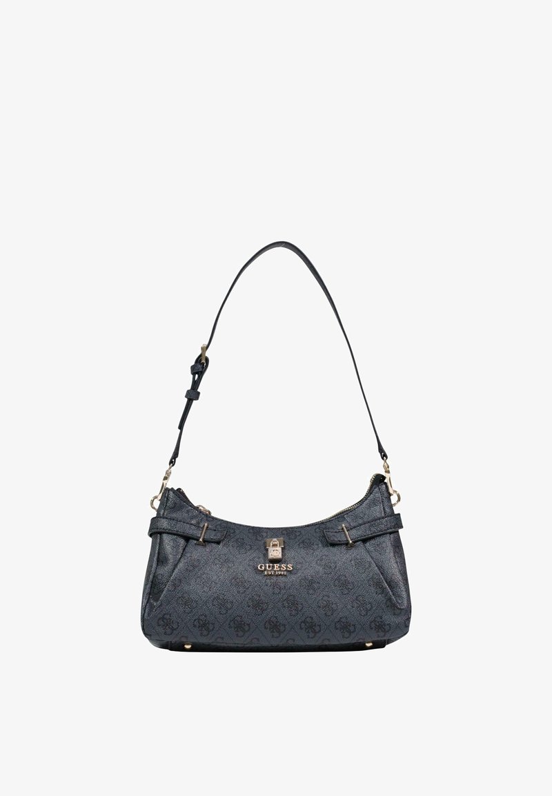 Bolso azul oscuro con acabado texturizado, con cierre dorado, correa ajustable y detalle de logotipo. Forma arqueada y elegante con acentos laterales dobles.