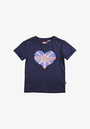 Chemise bleu marine à manches courtes avec un motif Union Jack en forme de cœur et le texte "Le Coq" au centre.