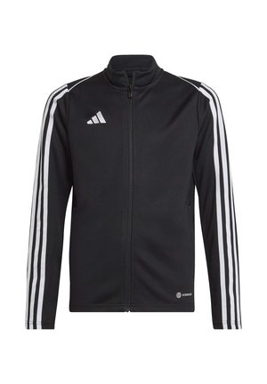 Giacca sportiva nera con zip e strisce bianche lungo le spalle e le maniche. Presenta un colletto alto e un piccolo logo in basso.