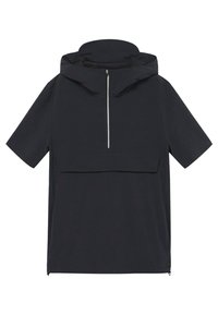 Chaqueta con capucha de manga corta en gris oscuro, con cremallera frontal y un gran bolsillo en la parte delantera. Hecha de una tela ligera y texturizada.