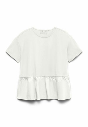 Blouse blanche en coton à manches courtes avec encolure ronde et ourlet peplum froncé, vue à plat sur fond blanc.