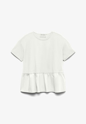 Balta īss piedurkņu kokvilnas blūze ar apaļu izgriezumu un savāktu pepluma malu, no augšas uz balta fona.