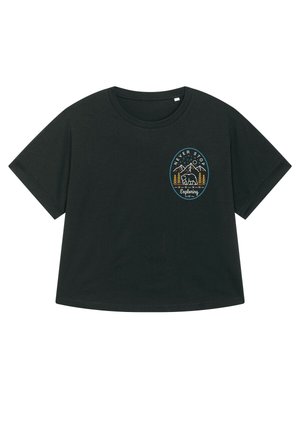 Black short-sleeve t-shirt made of cotton with a round neck. Front features a circular graphic with mountains and trees in yellow and blue accents.
