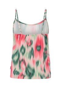 Bezrękawnik z lekkiego materiału, w różowe, zielone i białe wzory tie-dye, z regulowanymi ramiączkami i marszczoną talią.