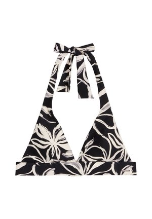 Black and white floral patterned halter bikini top with triangular cups and tie closure at the neck and back band.