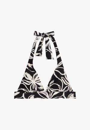Black and white floral patterned halter bikini top with triangular cups and tie closure at the neck and back band.