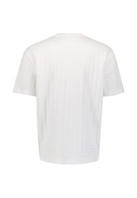 Plain white short-sleeve T-shirt with subtle vertical textured stripes, shown from the back on a white background.