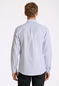 Lichtblauw en wit gestreepte blouse met lange mouwen, voorzien van een standaard kraag, knoopmanchetten en een plooi aan de achterkant voor meer bewegingsvrijheid.