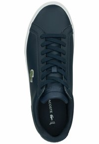 Navy blue leather sneaker with round toe, white rubber sole, and lace-up design. Features small embroidered logo near the side.