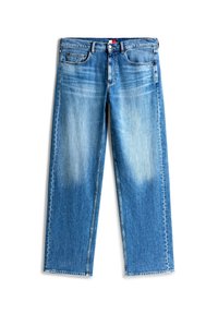 Jean en denim bleu droit avec fermeture à boutons sur le devant, passants de ceinture et poches avant, avec un léger effet délavé sur les cuisses.