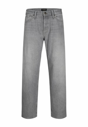 Grijze denim jeans met een rechte pasvorm, vijf-pocket ontwerp, knoopsluiting en subtiele vervaging op de stof. Geen opvallende patronen of hardware zichtbaar.