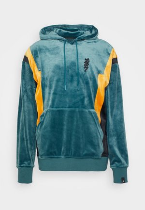 Weiches Kapuzensweatshirt aus Samt in Türkis und Gelb mit Fronttasche, Kordelzug, schwarzem Logo auf der Brust sowie gerippten Bündchen und Saum.