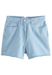 Vaaleansiniset farkkushortsit, joissa on purkautunut helma, viiden taskun muotoilu ja etunapitus. Valmistettu kudotusta kankaasta, jossa on metallisia yksityiskohtia.