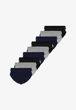 Pak van tien herenboxers in diverse kleuren: zwart, grijs en marineblauw. Voorzien van elastische taillebanden met contrasterende accenten. Zacht, rekbaar materiaal.