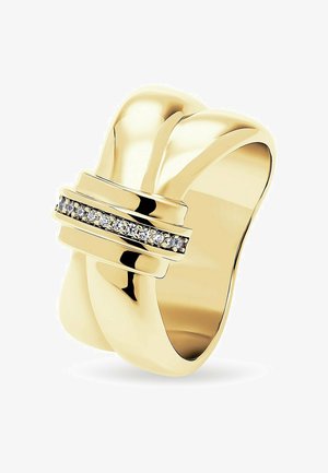 Goldfarbener Ring mit einem glatten, breiten Band, das eine zentrale Reihe kleiner, klarer Kristalle und eine polierte Oberfläche aufweist.