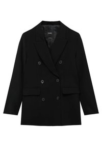 Blazer noir croisé à six boutons, col à revers crantés, manches longues, et deux poches avant à rabat, présenté à plat sur un fond blanc.