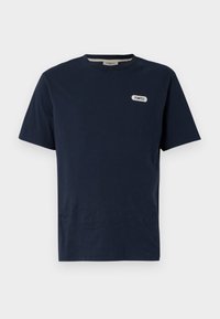 Navy blue cotton t-shirt with a crew neck, short sleeves, and a white "POMPEII" logo on the left chest area. Smooth texture, casual fit.