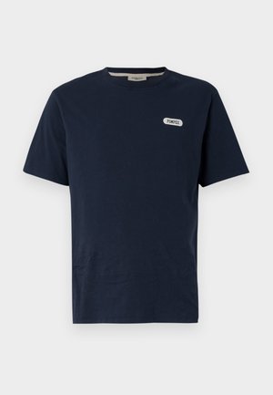 Navy blue cotton t-shirt with a crew neck, short sleeves, and a white "POMPEII" logo on the left chest area. Smooth texture, casual fit.