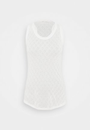 Valge tank-top tekstuurse teemantmustriga, ümar kaelus ja varrukateta disain. Kerge, hingav materjal. Siledad äärised.