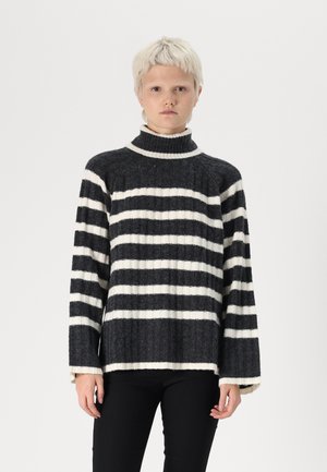 Stripet turtleneck genser i mørkegrått og hvitt, laget av ribbet ull, med et avslappet snitt og brede ermer.