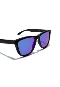 Black rectangular sunglasses with purple gradient lenses, featuring a matte finish and the brand name "Hawkers" on the temple.