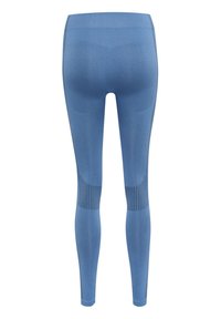 Blå träningsleggings med en slät textur, hög midja och paneldetaljer. Har andningsbara meshdetaljer vid nederdelen av benen.