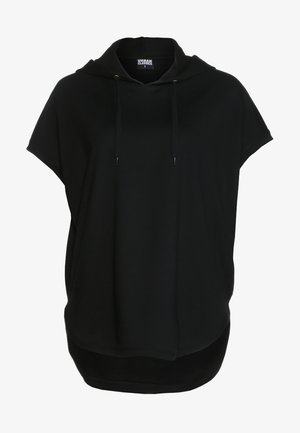 Schwarzer Hoodie aus softem Material, mit weitem Schnitt, kurzen Ärmeln, einer Fronttasche und verstellbaren Zugbändern an der Kapuze.