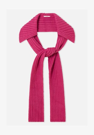 Strikket tørklæde i levende pink. Har en ribstrikket tekstur med en bred krave og bindebånd i midten, som giver varme og stil.