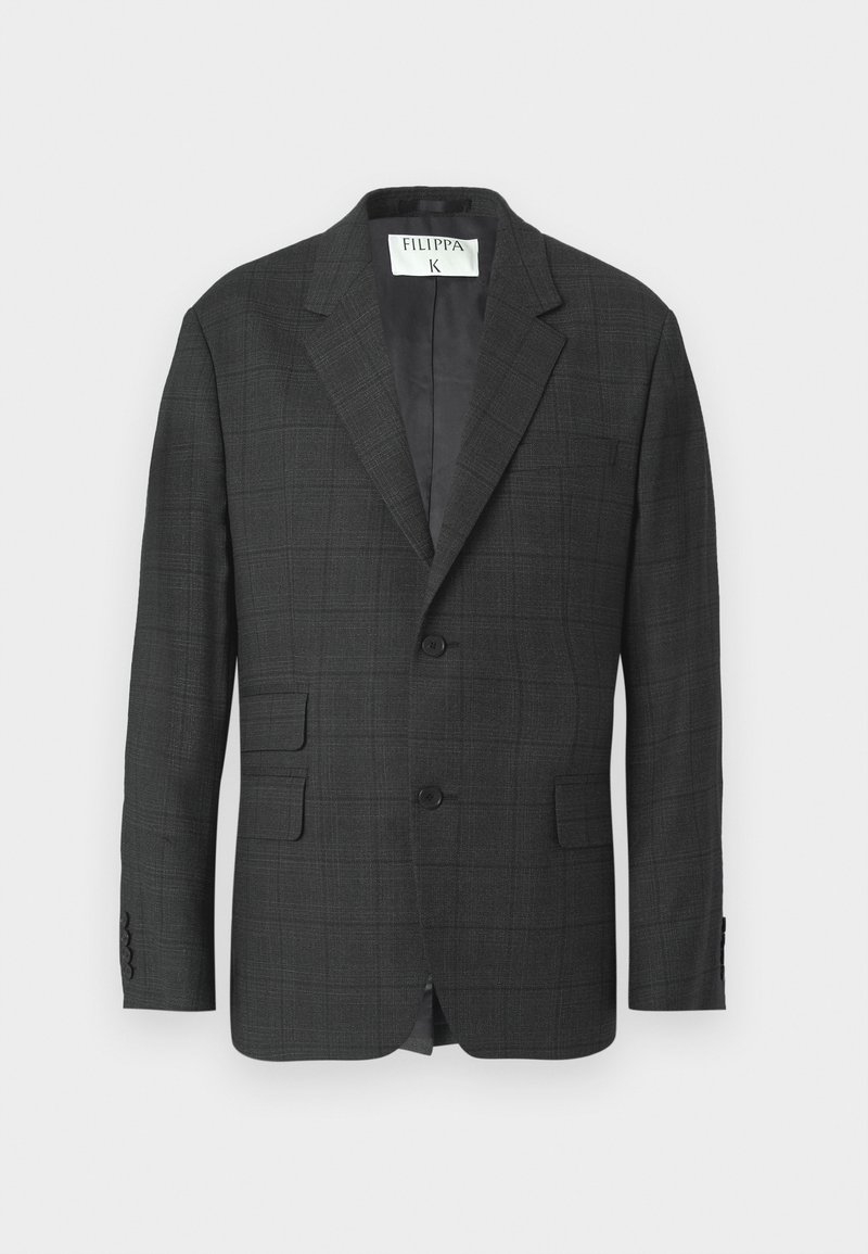 Dunkelgrauer Herrenblazer mit subtilen Karomuster, zwei Knöpfen, Reverskragen, zwei aufgesetzten Fronttaschen und innerem Markenlabel "FILIPPA K".