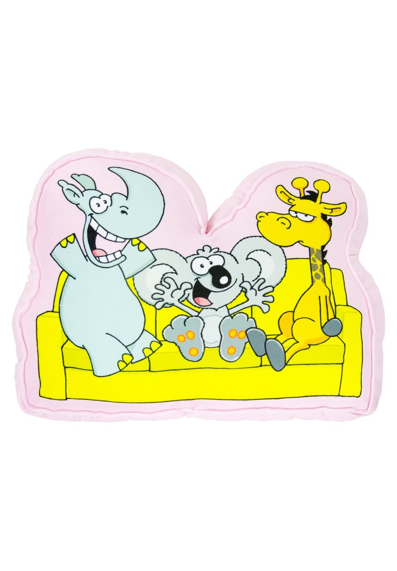 Cuscino rosa in soffice peluche a forma di divano, con animali dei cartoni animati: un rinoceronte grigio, un koala e una giraffa gialla, contornati da colori vivaci.