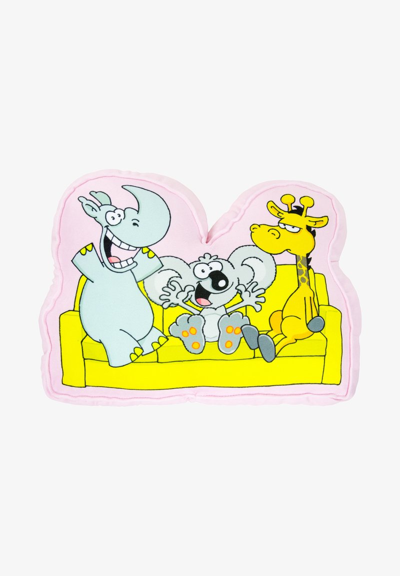 Cuscino rosa in soffice peluche a forma di divano, con animali dei cartoni animati: un rinoceronte grigio, un koala e una giraffa gialla, contornati da colori vivaci.