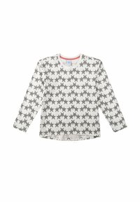 Langärmliges Hemd mit weißem Grund und grauem Sternmuster. Rundhalsausschnitt mit kontrastierender Farbe am inneren Halsausschnitt. Weiche Stoffstruktur.