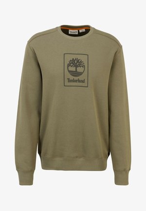 Sweatshirt vert olive à manches longues, col arrondi et poignets côtelés. Présente un logo Timberland gris foncé dans un cadre rectangulaire.