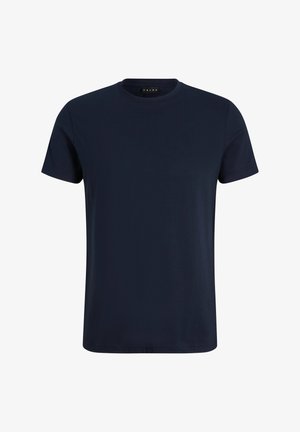T-shirt en coton bleu marine avec un col rond et des manches courtes. Présente une texture lisse et un design minimaliste sans motifs ni accents.