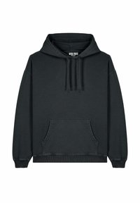 Felpa nera con cappuccio in misto cotone, dotata di tasca frontale, cappuccio con cordino regolabile e polsini e orlo a coste. Texture liscia.