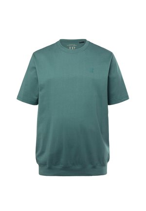 T-shirt pour homme à manches courtes en coton couleur sarcelle, avec un col rond et un logo discret sur la poitrine. Tissu lisse de poids moyen.