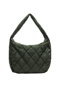 Borsa a spalla trapuntata verde scuro con tracolla imbottita, cuciture a diamante, tasca laterale con zip e patch rotondo con logo in basso a destra.
