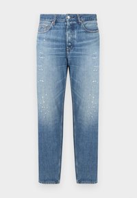 Τζιν παντελόνι από ανοιχτό μπλε denim με ίσια γραμμή, διαθέτει σκισίματα στο μπροστινό μέρος και κλείσιμο με κουμπιά. Κλασικός σχεδιασμός με πέντε τσέπες.