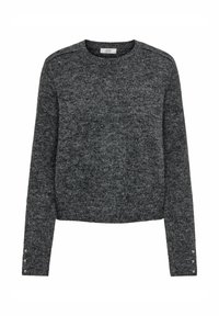 Sivi pleteni pulover s dugim rukavima, okruglim izrezom i dekorativnim gumbima na manžetama. Meka tekstura, skraćeni kroj i minimalistički uzorak.