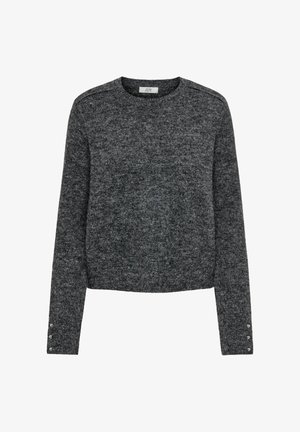 Hallgrepitud hall sviiter pikade varrukatega, ümar kaelus ja dekoratiivnupud mansettides. Pehme tekstuur, lühikese disain ja minimaalne muster.