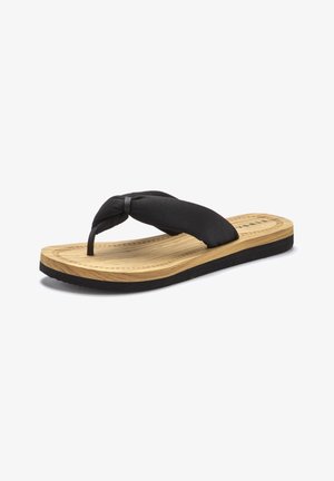 Black flip-flop featuring a knotted strap, wooden textured footbed, and a rubber sole for grip. Subtle stitching along the edges.