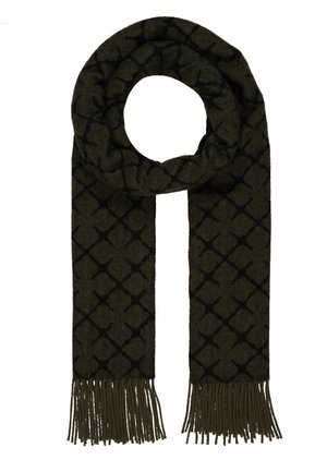 Écharpe en laine vert foncé avec motif géométrique noir, en boucle, avec de longues franges aux deux extrémités sur fond blanc.